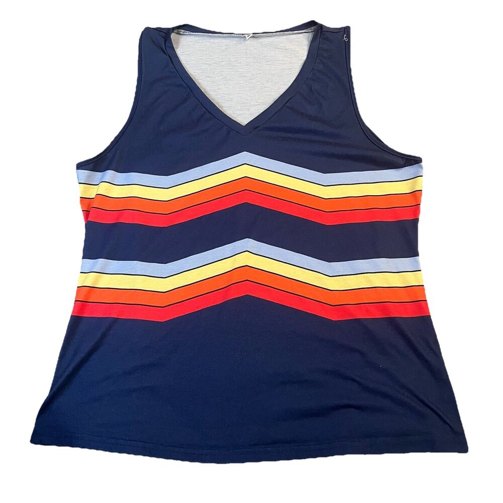 Womens Multicolor Striped Navy Blue Tank Top V Neck Retro Size XL